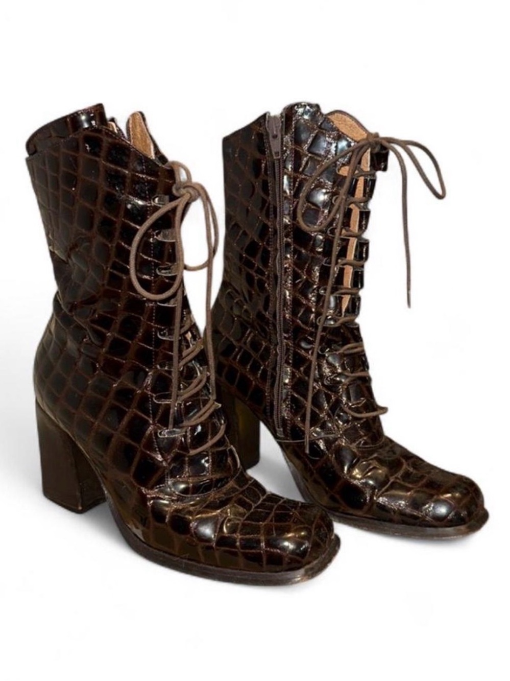 Brown Croc-Embossed Lace-Up Women's Ankle Boots Size 7